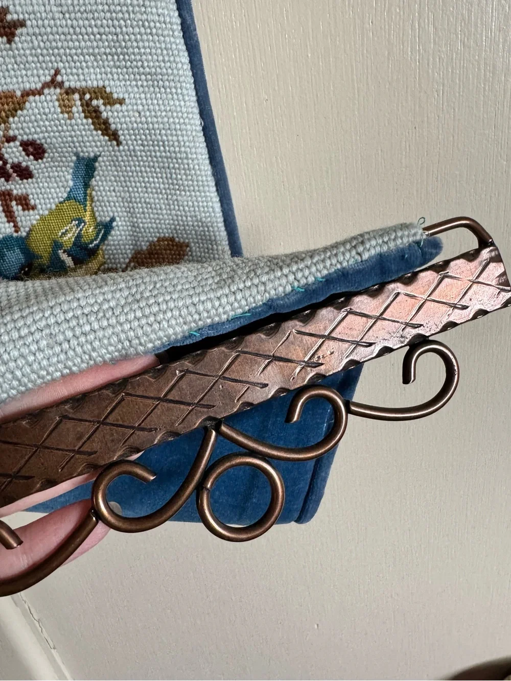 Vintage Blue Cross Stitch Bird & Floral Tapestry Bell Pull Wall Hanging